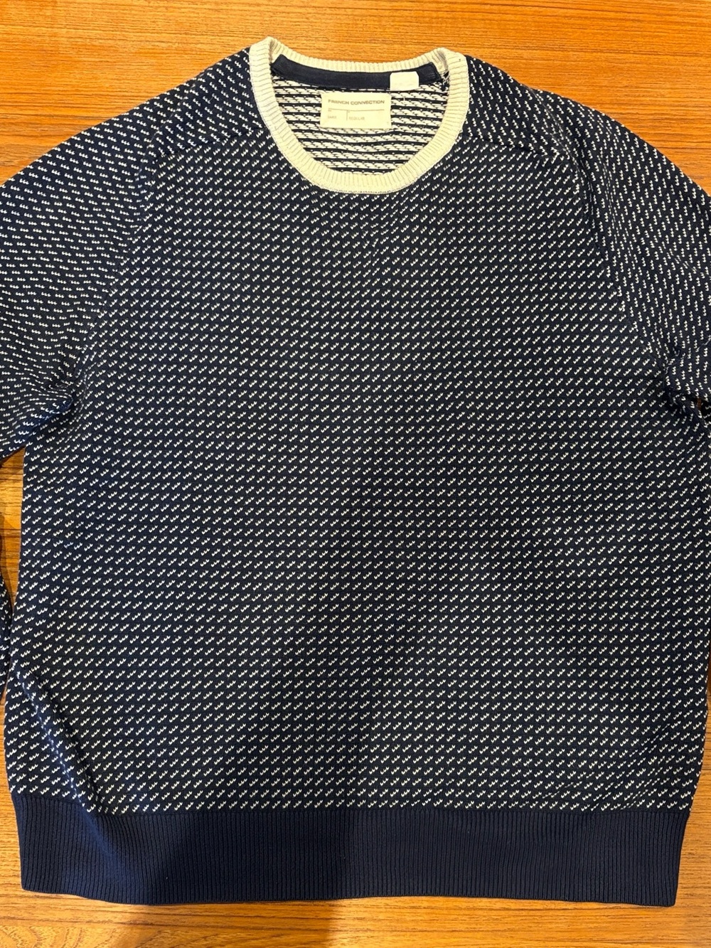 French Connection Navy & Cream Patterned Crewneck Raglan Sweater 100% Cotton